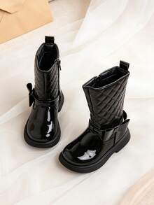 1 Pair Kids Gentle Style Glossy Mid-Calf Boots With Diamond Quilted Stitching And Bow Decor, Suitable For Birthday Ceremonies, Holiday Outfits, Outings, And Autumn/Winter - Black - View 5