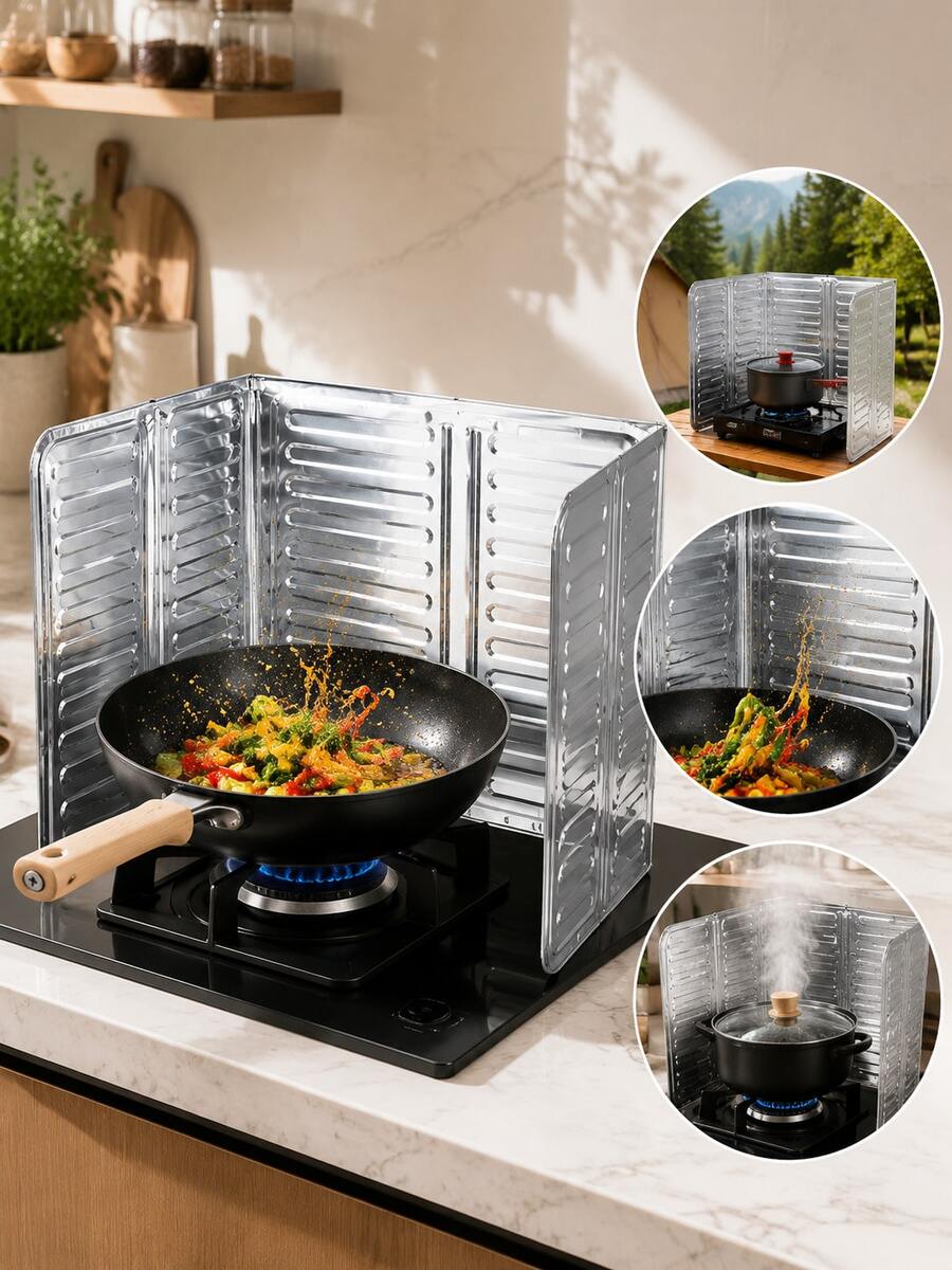 1/2pcs Foldable Kitchen Oil Splash Guard, Aluminum Foil Stove Splash Screen, Heat-Resistant Oil-Proof Cooking Accessory