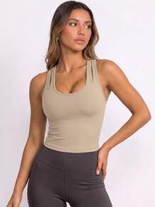 Never me Women's Sports Tank Top With Removable Padding, U-Neck Racerback, Slim Fit Running Fitness Sports Bra - Khaki - View 5