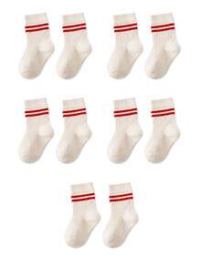 5/1 Pair Double Striped Ribbed Baby Mid-Calf Socks, Knit Socks For Toddler Boys & Girls, For Daily Wear, Outfit Matching And Baby Photoshoots - Multicolor - View 10