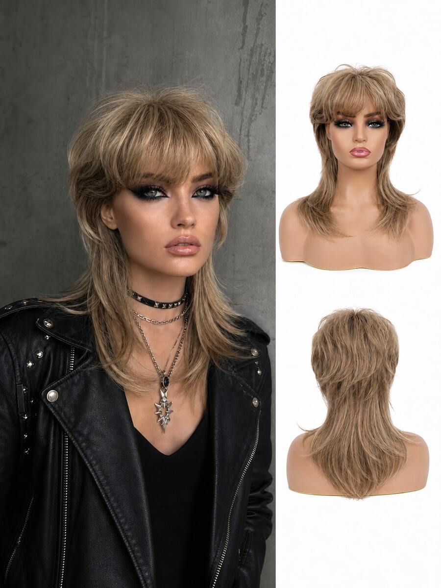 Heat Resistant Synthetic Mullet Wig For Women Ash Blonde Shag Layered Wolf Cut Wig With Bangs Vintage 80s Punk Rocker Hairstyle Wig For Daily Halloween Party Cosplay - Brown - View 1