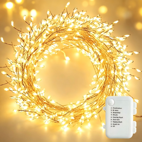 Warmweiße Silberdraht-Feuerwerks-Lichterkette, mehrteilige Feenlichter, batteriebetrieben mit Fernbedienung, dimmbar, 8 Beleuchtungsmodi, Timerfunktion, IP44 wasserdichte Dekorationsleuchten für Eid, Hochzeit, Terrasse, Garten, Feiertagsparty-Dekoration