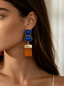 ZAA Geometric Color Block Resin Dangle Earrings, Mid-Century Retro Multi Stone Statement Drop Earrings For Fall Daily Party - Gold - View 7