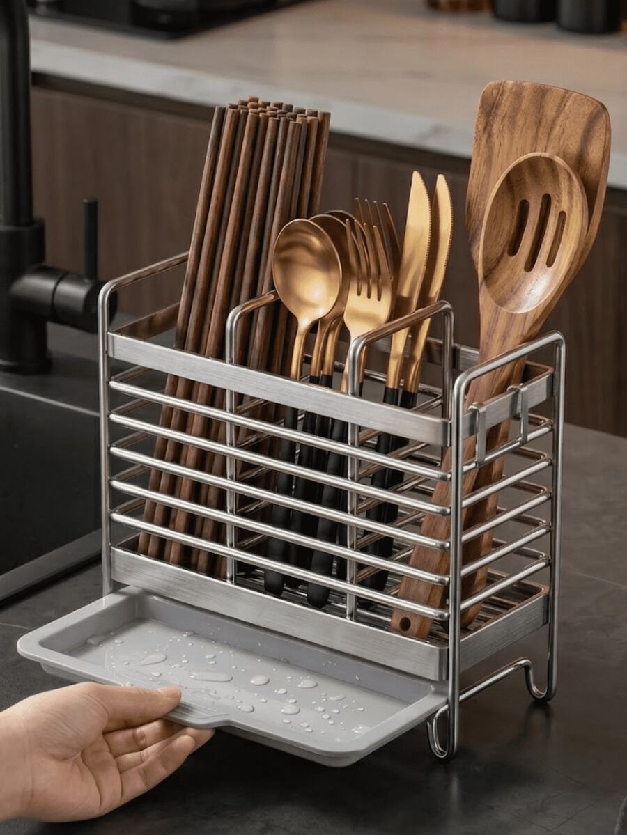 Stainless Steel Chopstick Holder, Wall-Mounted Kitchen Utensil Storage Rack, Rust-Proof Space-Saving Storage Box, Countertop And Wall Installation, Suitable For Home And Commercial Kitchens