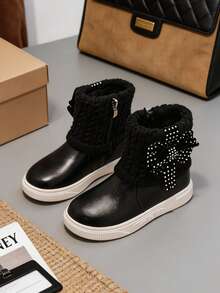 1 Pair Children's Gentle Style Patchwork Ankle Boots With 3D Bow And Shiny Decor, Suitable For Birthday Party, Suitable For Outing Outfit, Suitable For Autumn/Winter - Black - View 5