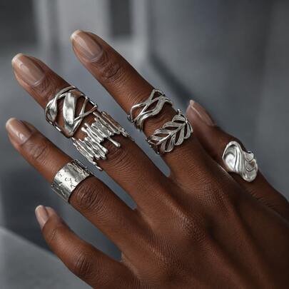 European And American Vintage Silver Ring Set, Asymmetrical Tree Branch Vine Leaf Wide Open Band Rings, Personalized Distressed Metal Texture, Niche Design Stackable Rings, Fashion Versatile Jewelry