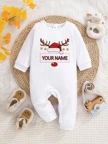 [Customized]Infant Long Sleeve Romper, Christmas Hat & Deer Antlers Print, Christmas Exclusive Customized Name And Personalized Text, Round Neck Comfortable Casual One-Piece, Durable Easy Care Machine Washable Newborn Crawler - White - View 1
