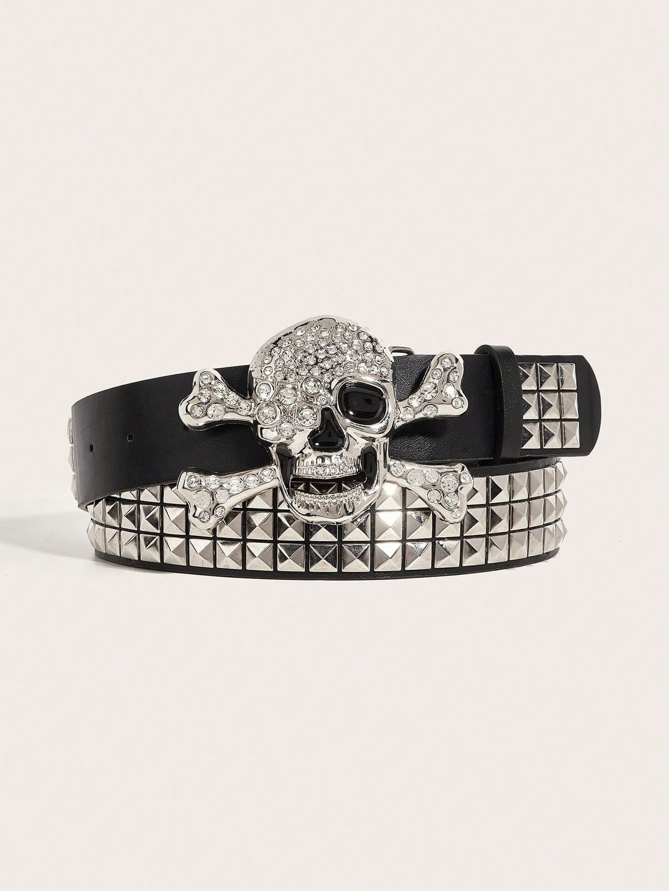 1pc Women's Dark Punk Style Belt, Rhinestone Skull Alloy Buckle, Black Pyramid Studs Rhinestone Double Layer Belt, Rock Gothic Sexy Girl Accessory