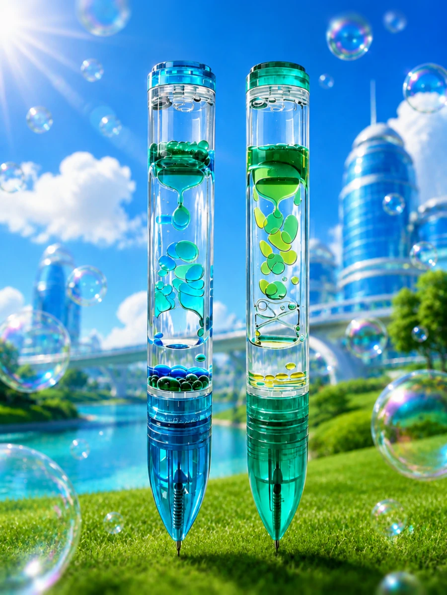 Frutiger Aero Style Transparent Liquid Flow Ballpoint Pen, Y2K Aesthetic Colorful Floating Bubble Pen, Dopamine Creative Stress Relief Stationery, Suitable For School, Office, Desk Decor And Gifts - FA - View 1