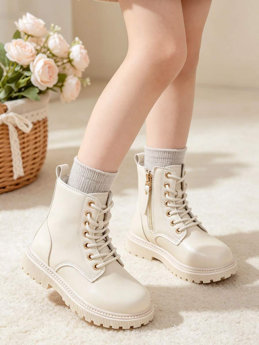 1 Pair Kids British Style Lace-Up Boots With Side Zipper, Easy To Put On And Take Off, Leather Short Boots, Suitable For School, Weekend Outings, Autumn/Winter - Beige - View 1