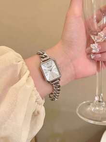XSVO Women's Silver Rectangular Quartz Watch With Cuban Chain Bracelet Strap, Christmas Birthday Gift For Her - Silver - View 4
