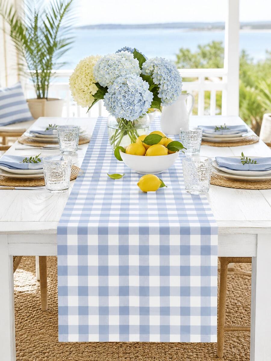 1pc Blue & White Gingham Plaid Table Runner, Fresh Coastal Farmhouse Checkered Table Decor, Rectangular Dining Table Runner For Kitchen Decor, Home Decor, Summer Party, Family Dinner, Wedding And Everyday Table Setting - Multicolor - View 1
