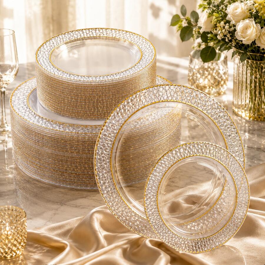 50 Pack 10.25 & 7.5 Inch Hammered Double Gold Rim Round Dinner Plates, Classic Serving Dishes For Fall Family Gatherings & Halloween Parties, Everyday Tableware Must-Haves For Home Hosts, Great For Thanksgiving Christmas