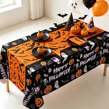 1/3pcs Black & Orange Pumpkin Bat Disposable Plastic Tablecloth Halloween Tablecloth Suitable For Halloween Theme Party Decoration Birthday Party 137x274cm - Multicolor - View 2