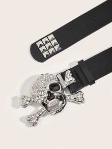 1pc Women's Dark Punk Style Belt, Rhinestone Skull Alloy Buckle, Black Pyramid Studs Rhinestone Double Layer Belt, Rock Gothic Sexy Girl Accessory - Black-skull Head - View 3