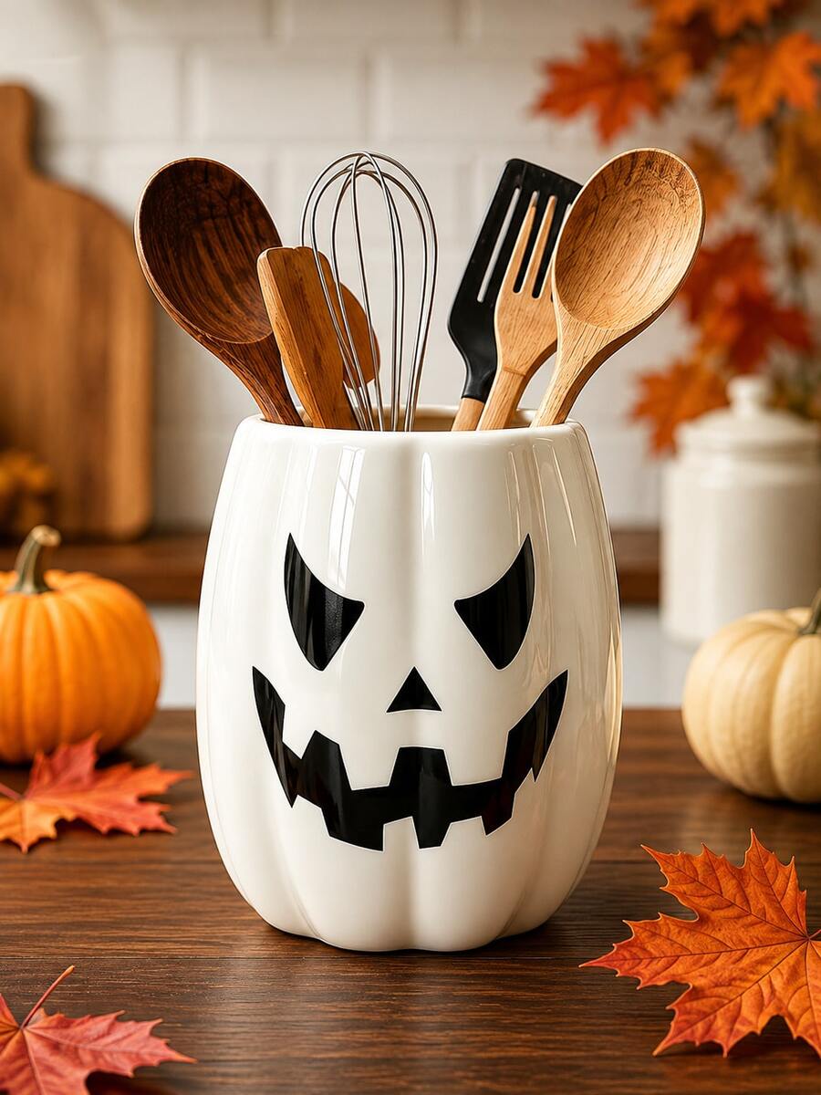 1pc Halloween Pumpkin Kitchen Utensil Holder, Jack-O'-Lantern Kitchen Utensil Caddy & Cooking Tool Storage Box, Large Countertop Utensil Rack, Autumn Kitchen Decor, Rustic Halloween Decoration - Multicolor - View 1