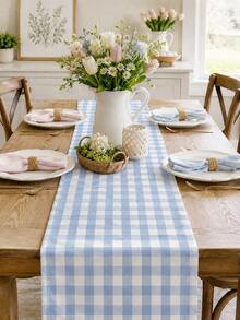 1pc Blue & White Gingham Plaid Table Runner, Fresh Coastal Farmhouse Checkered Table Decor, Rectangular Dining Table Runner For Kitchen Decor, Home Decor, Summer Party, Family Dinner, Wedding And Everyday Table Setting - Multicolor - View 8