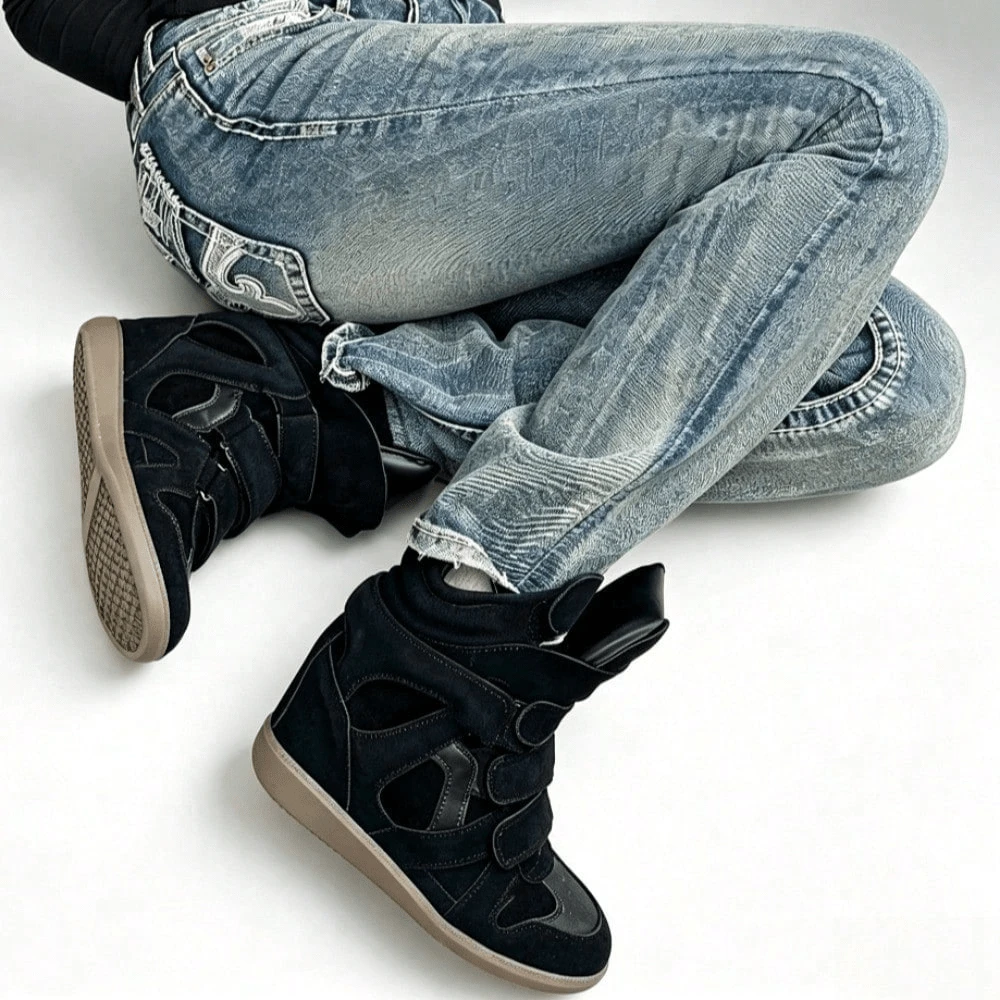 New 2026 Women's Casual Sneakers With Hidden Wedge, High-Top, Combined, Flat - 暗色 - 查看 1