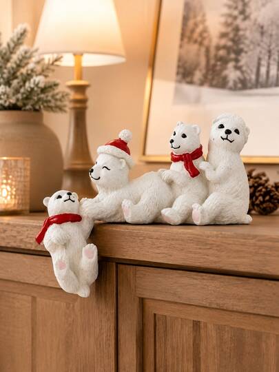 1pc Cute Polar Bear Family Figurine, White Resin Christmas Bear Decoration With Red Scarf And Christmas Hat, Winter Desktop Decor, Suitable For Fireplace Mantel, Bookshelf, Entryway, Console, Fireplace, Holiday Home Decor, Perfect Gift For Bear Lovers And Families