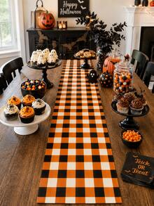 1pc Orange Black & White Buffalo Plaid Table Runner, Classic Halloween Checkered Table Decor, Rectangular Dining Table Runner For Halloween Decorations, Kitchen Decor, Fall Party, Pumpkin Dinner, Home Decor And Seasonal Table Setting - Multicolor - View 5