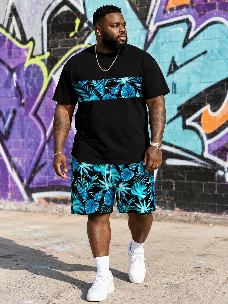 Plus Size Men's Casual Sports Set With "Beach Palm Leaf" Pattern, Suitable For Vacation - Polyester Knit Fabric, Round Neck Design, Drawstring Shorts, Pocket Details, Regular Fit, Suitable For Plus Size - Black - View 1