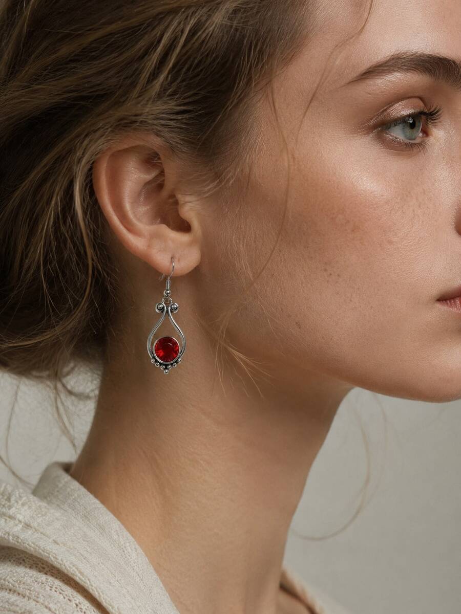1 Pair Hollow Teardrop Red Crystal Dangle Earrings,Suitable For Women To Wear For Festival And Vacation - Silver - View 1
