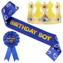 生日男孩披肩與皇冠套裝－金色國王皇冠配藍色生日徽章緞帶胸針，男孩主題派對裝飾與拍照道具 - 藍色 - 查看 6