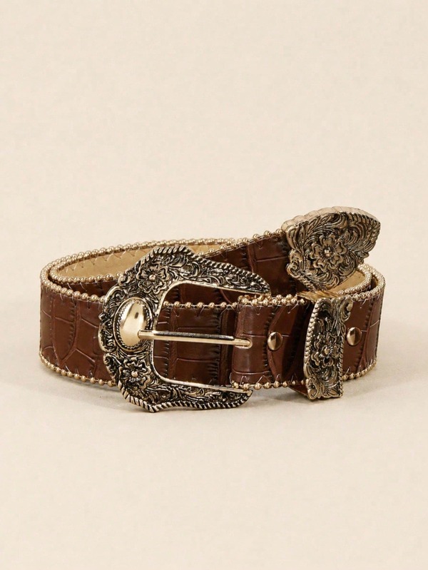1pc Women's Embossed Western Cowboy Style Heavy Beaded Buckle Fashion PU Belt, Suitable For Daily Wear