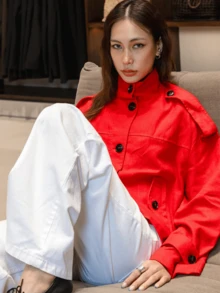 2026 Autumn Fashion Red Linen Stand Collar Short Jacket For Women, Front Button Design With Pockets, Suitable For Winter Wear - Red - View 3