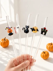 Cute Halloween Themed Decorative Glass Straws, Reusable Glass Drinking Straws, Pumpkin Ghost Black Cat Bat Decoration, Suitable For Bubble Tea Juice Cocktails, Halloween Party Table Decor And Holiday Gifts, Perfect Gift For Girls - Style J - View 5