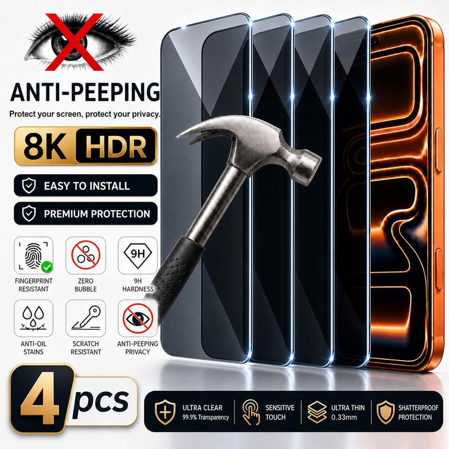 CASECOPS 4 قطع واقي شاشة زجاجي مع أداة تنظيف الشاشة، متوافق تمامًا مع 18 Pro Max/18 Pro/18/17 Pro Max/17 Pro/17 Air/17e/17-X Series، إلخ. زجاج مقسى 9H تغطية كاملة، دعم سلس لميزة الجزيرة الديناميكية. 8K HDR، مضاد للتجسس، مضاد للخدش، مضاد للبصمات، صديق للحافظة، قوي ولا ينكسر بسهولة، ملمس ناعم وحريري واستجابة لمس سريعة للغاية