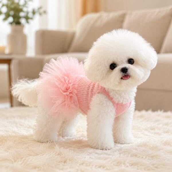 Dog Clothes, Cute Puppy Princess Tutu, Soft Ribbed Tank Top, Puppy Chiffon Skirt, Floral Decoration, Breathable Elastic Pet Clothing, Sleeveless Hoodie, Suitable For Puppies, Teddy Bears, Bichon Frise, Pomeranians, Daily Walks, Parties