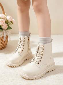 1 Pair Kids British Style Lace-Up Boots With Side Zipper, Easy To Put On And Take Off, Leather Short Boots, Suitable For School, Weekend Outings, Autumn/Winter - Beige - View 2