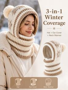 Winter Warm Knitted Hooded Scarf With Ear Protection Design, Unisex Full Coverage, Snowflake Pattern, Pom Pom Decor, Suitable For Outdoor Walking, Commuting, Travel, Skiing, Hiking And Cold Weather Daily Wear - One Size Fits All - View 7