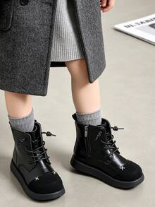 1 Pair Kids' Retro Patchwork Upper Ankle Boots With Convenient Side Zipper, Suitable For Casual Street Style, Daily Outings, School Commute, Autumn/Winter - Black - View 5