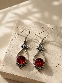 1 Pair Hollow Teardrop Red Crystal Dangle Earrings,Suitable For Women To Wear For Festival And Vacation - Silver - View 2
