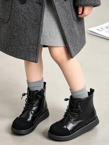 1 Pair Kids' Retro Patchwork Upper Ankle Boots With Convenient Side Zipper, Suitable For Casual Street Style, Daily Outings, School Commute, Autumn/Winter - Black - View 6