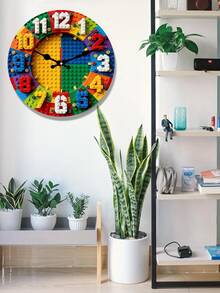 2D Flat. 1pc. Colorful Building Block Theme Wooden Wall Clock - Silent Decorative Clock, Creative Wall Clock Suitable For Bedroom, Living Room And Office Decor, Size Options 25/30cm (Batteries Not Included) - Multicolor - View 3