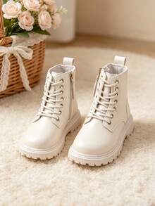 1 Pair Kids British Style Lace-Up Boots With Side Zipper, Easy To Put On And Take Off, Leather Short Boots, Suitable For School, Weekend Outings, Autumn/Winter - Beige - View 7