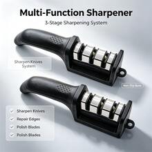 Upgraded 3-Stage Home Knife Sharpener - 3-Level Sharpening Slots (Coarse/Fine/Polishing), Compatible With Kitchen Knives, Fruit Knives, Scissors, Non-Slip Stable Design + Comfortable Grip, Black/Red, Kitchen Essential - Black - View 1