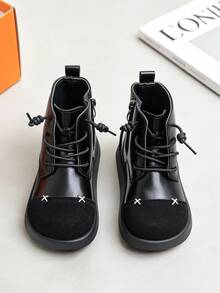 1 Pair Kids' Retro Patchwork Upper Ankle Boots With Convenient Side Zipper, Suitable For Casual Street Style, Daily Outings, School Commute, Autumn/Winter - Black - View 4