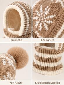 Winter Warm Knitted Hooded Scarf With Ear Protection Design, Unisex Full Coverage, Snowflake Pattern, Pom Pom Decor, Suitable For Outdoor Walking, Commuting, Travel, Skiing, Hiking And Cold Weather Daily Wear - One Size Fits All - View 9