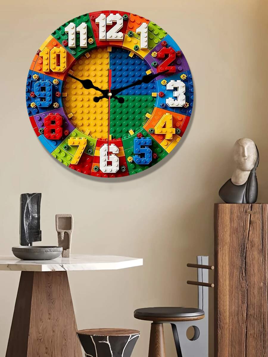 2D Flat. 1pc. Colorful Building Block Theme Wooden Wall Clock - Silent Decorative Clock, Creative Wall Clock Suitable For Bedroom, Living Room And Office Decor, Size Options 25/30cm (Batteries Not Included) - Multicolor - View 1