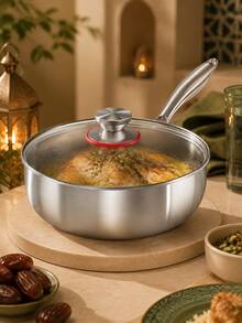 1 Set Deep Skillet With Glass Lid, 4L 304 Stainless Steel Uncoated Frying Pan With Ergonomic Long Handle, Suitable For Frying, Browning, Stewing, Slow Cooking, Daily Cooking, Family Dinner And Everyday Meals Multi-Functional Cookware - View 6