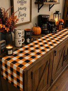 1pc Orange Black & White Buffalo Plaid Table Runner, Classic Halloween Checkered Table Decor, Rectangular Dining Table Runner For Halloween Decorations, Kitchen Decor, Fall Party, Pumpkin Dinner, Home Decor And Seasonal Table Setting - Multicolor - View 6