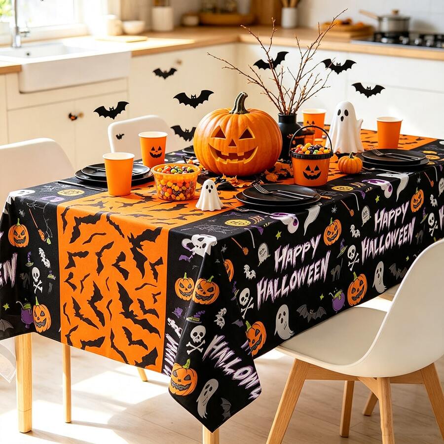 1/3pcs Black & Orange Pumpkin Bat Disposable Plastic Tablecloth Halloween Tablecloth Suitable For Halloween Theme Party Decoration Birthday Party 137x274cm - Multicolor - View 1