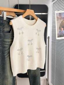 Women's Sleeveless Round Neck Knitted Vest Top With Beaded Cherry Bow Appliques, Regular Length Medium Stretch Knitwear For Fall - White - View 6