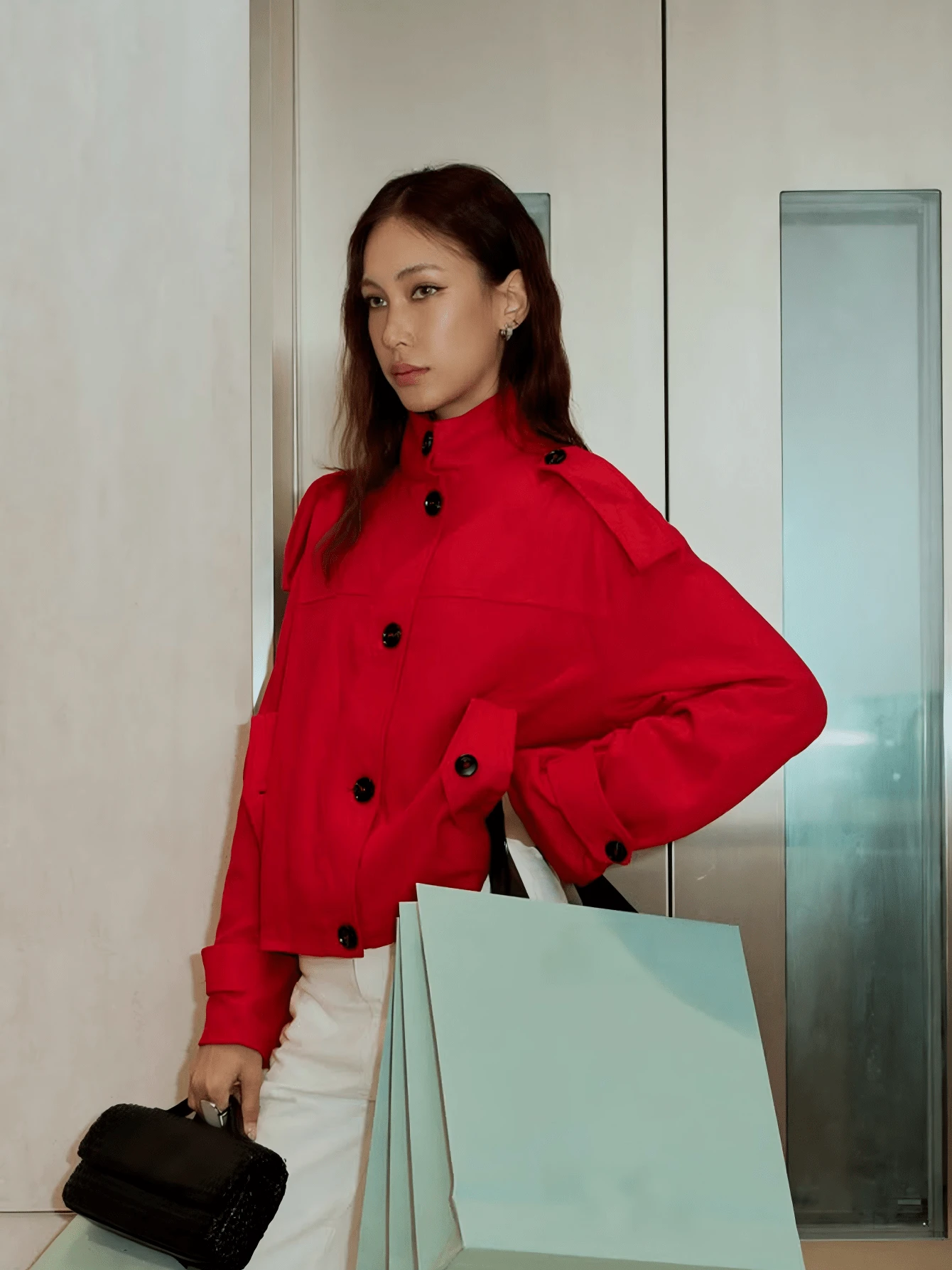 2026 Autumn Fashion Red Linen Stand Collar Short Jacket For Women, Front Button Design With Pockets, Suitable For Winter Wear - Red - View 1