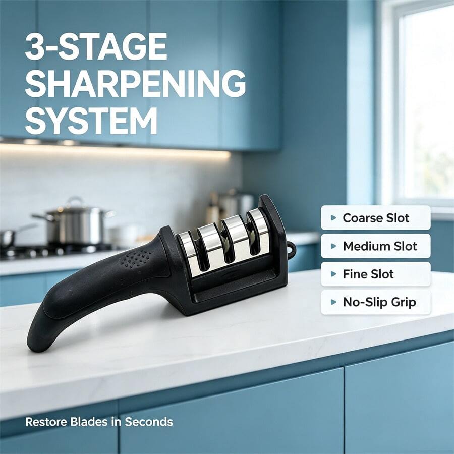 1/2 Set 3-Stage Knife Sharpener, Suitable For Ceramic And Steel Blades - Repair, Restore And Polish, Kitchen Tool, Non-Slip, Black - Black - View 1