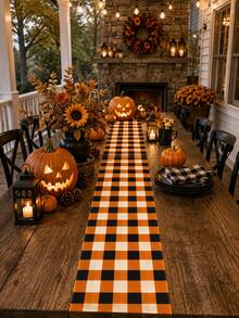 1pc Orange Black & White Buffalo Plaid Table Runner, Classic Halloween Checkered Table Decor, Rectangular Dining Table Runner For Halloween Decorations, Kitchen Decor, Fall Party, Pumpkin Dinner, Home Decor And Seasonal Table Setting - Multicolor - View 4